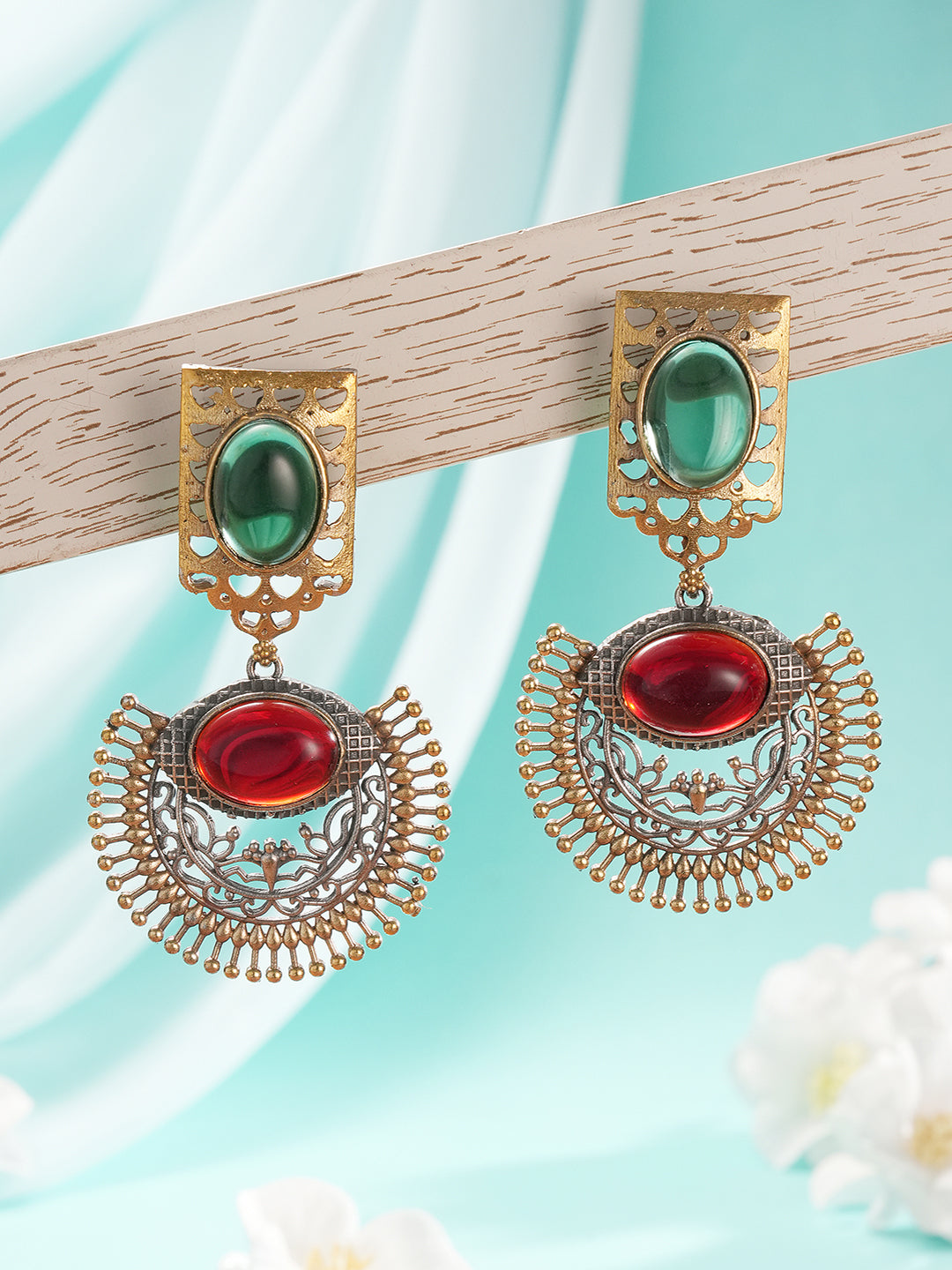 Antique Gold-Toned Dual Red & Green Stone  Engraved  Handcrafted Dangler  Earrings